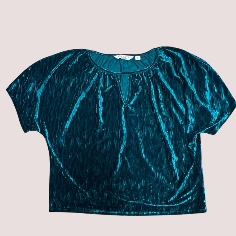 Beautiful Lawrence Zarian Teal Crushed Velvet Blouse Top Women’s Large - Picture 13 of 15